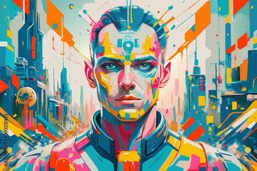 Vibrant Cybernetic Humanoid Portrait: Futuristic Aesthetic in Neon Hues