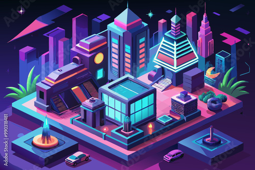 Vibrant Neon Cityscape Illustration in Isometric Design