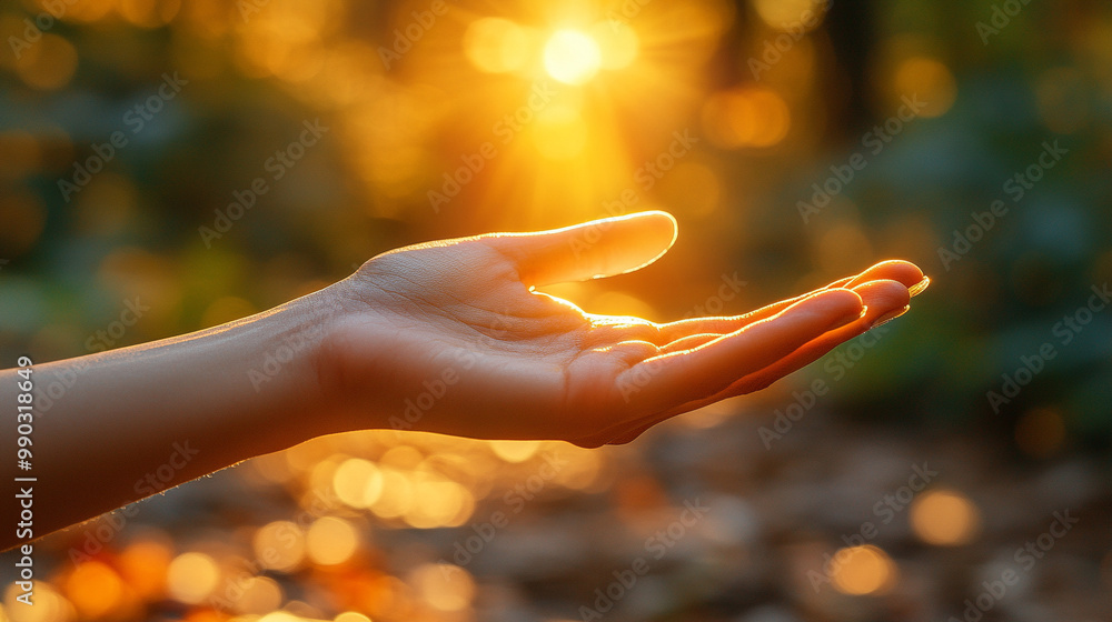open hand reaches towards radiant golden sunlight, symbolizing hope, aspiration, and a connection to higher powers. The glowing light conveys warmth, spiritual growth, and endless possibilities open hand reaches towards radiant golden sunlight, symbolizing hope, aspiration, and a connection to higher powers. The glowing light conveys warmth, spiritual growth, and endless possibilities