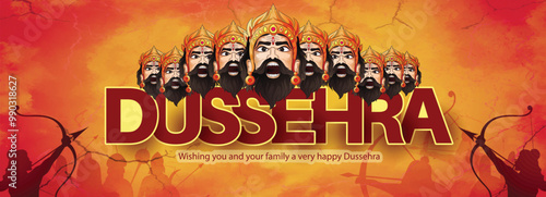 illustration of hand lettring calligraphy of indian festival dussehra with Lord Rama holding Bow and Arrow killing ravana.

