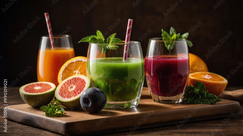 Fototapeta premium Fresh juice in glass on cutting board