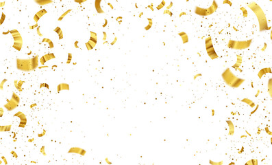 Gold Isolated Falling Foil Confetti with Glitter Dust. Golden Festive Background. Greeting Design Element. Congratulations Card