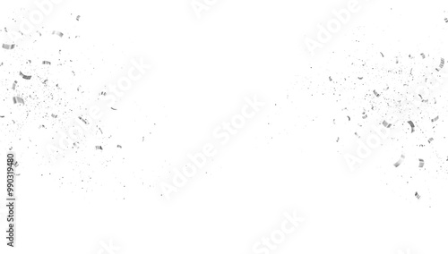 White Silver Falling Foil Confetti with Glitter Dust. Festive Background. Greeting Design. Congratulations Card