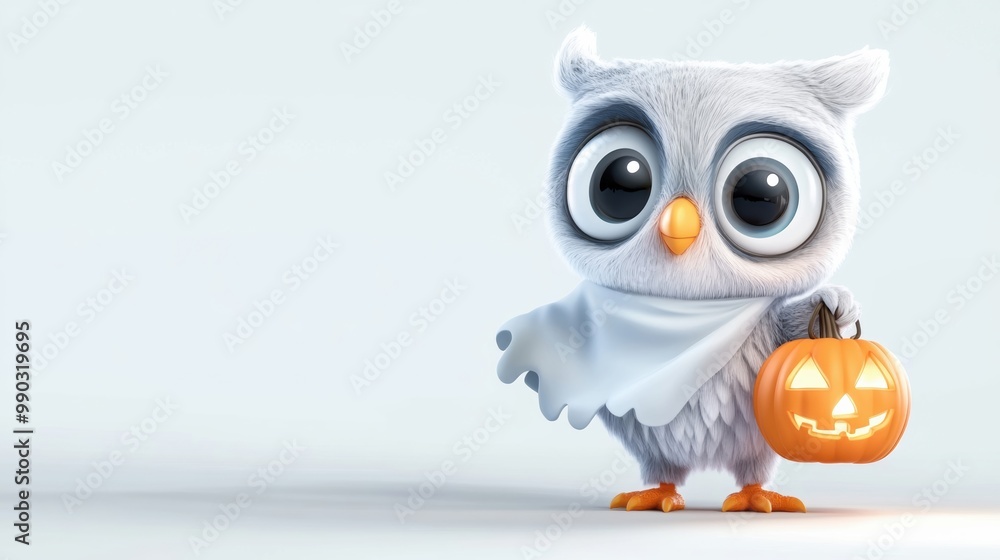 Fototapeta premium Cute Cartoon Owl in Halloween Costume with Pumpkin
