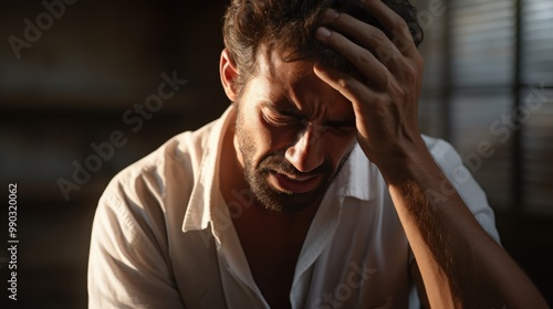 A man in a white shirt clutches his head in anguish, his expression pained, in a softly lit room.