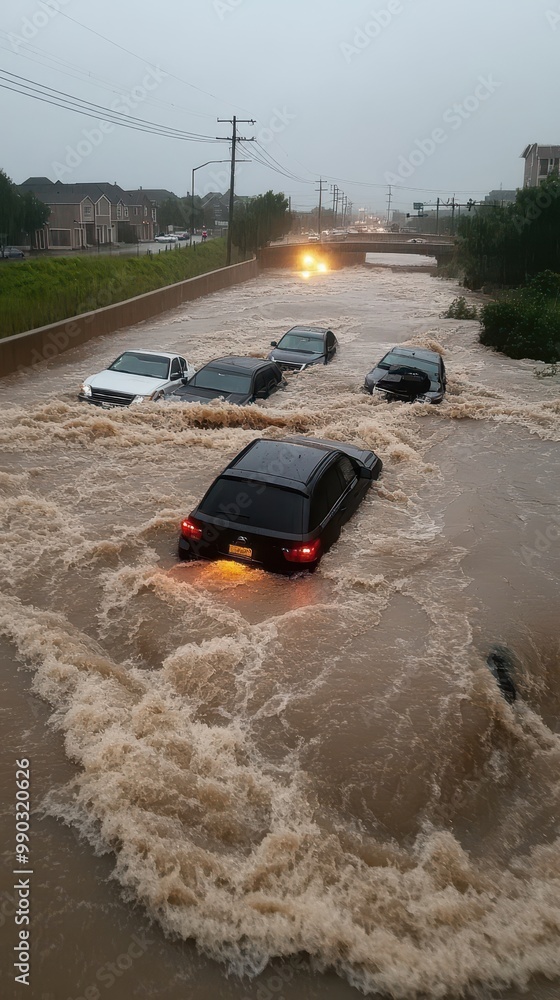 Vehicles are trapped on a highway overwhelmed by rushing floodwaters after intense rainfall Vehicles are trapped on a highway overwhelmed by rushing floodwaters after intense rainfall