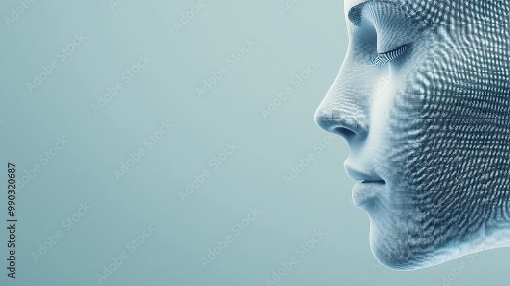 Abstract profile view of a futuristic human-like face with soft blue hues on a smooth gradient background. Abstract profile view of a futuristic human-like face with soft blue hues on a smooth gradient background.