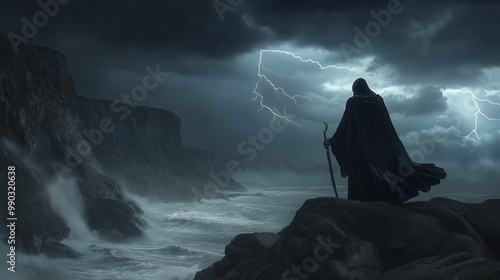 Mysterious figure with a staff on a rock