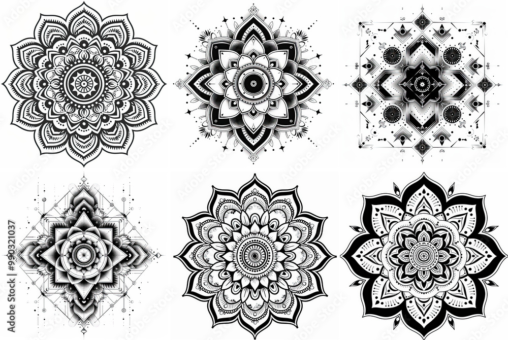 Set of round hand drawn mandala on white isolated background. Vector hipster mandala in monochrome. Mandala with floral patterns Set of round hand drawn mandala on white isolated background. Vector hipster mandala in monochrome. Mandala with floral patterns