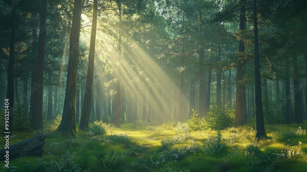 Obraz premium Sunlight shines brightly through the trees, creating a magical atmosphere in the pine forest.
