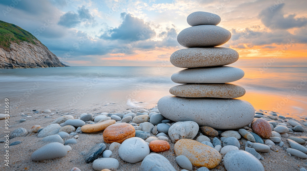 Fototapeta premium serene beach scene featuring smooth rocks meticulously stacked in balance, symbolizing tranquility, harmony, and meditation. The peaceful shoreline enhances the sense of calm and introspection