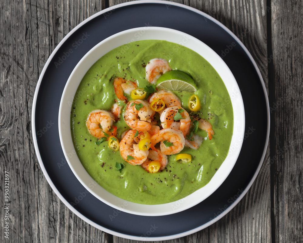 Shrimps in Culichi Salsa or Poblano sauce in bowl Shrimps in Culichi Salsa or Poblano sauce in bowl