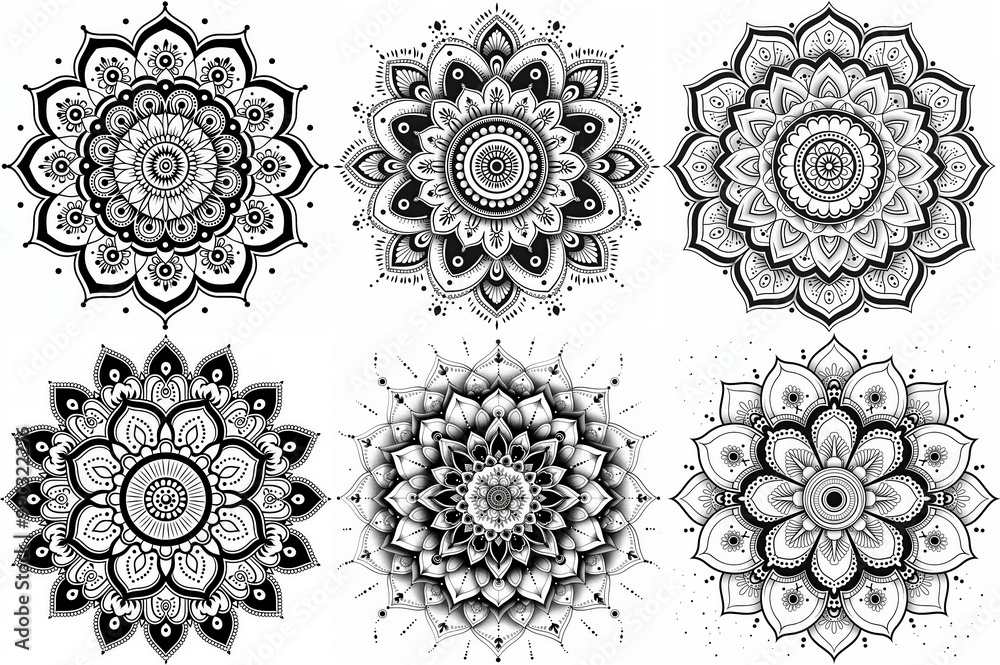 Set of round hand drawn mandala on white isolated background. Vector hipster mandala in monochrome. Mandala with floral patterns Set of round hand drawn mandala on white isolated background. Vector hipster mandala in monochrome. Mandala with floral patterns