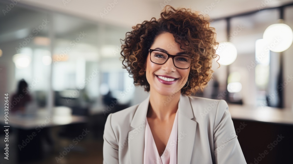 Obraz premium A successful, confident woman smiles warmly in a contemporary office setting, radiating professionalism, positivity, and friendly leadership.