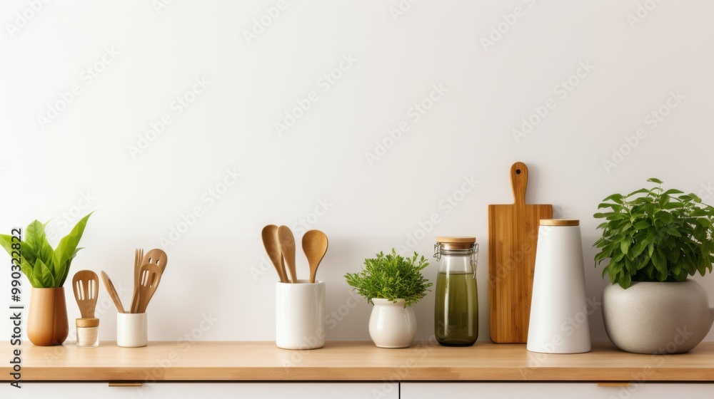 A tidy arrangement of minimalist kitchen decor features sleek wooden utensils, fresh greens, and modern containers on a light wooden countertop, exuding simplicity and elegance. A tidy arrangement of minimalist kitchen decor features sleek wooden utensils, fresh greens, and modern containers on a light wooden countertop, exuding simplicity and elegance.