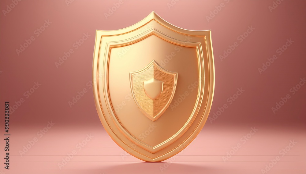 A shiny golden shield with a detailed emblem, standing on a smooth surface against a soft pink background, symbolizing protection and security. A shiny golden shield with a detailed emblem, standing on a smooth surface against a soft pink background, symbolizing protection and security.