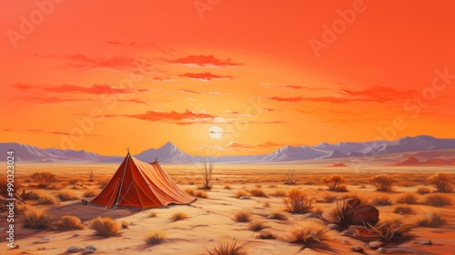 A vivid orange tent stands alone in a vast, arid desert landscape, with a glowing sunset and rugged mountain range in the background, evoking a sense of solitude and adventure.