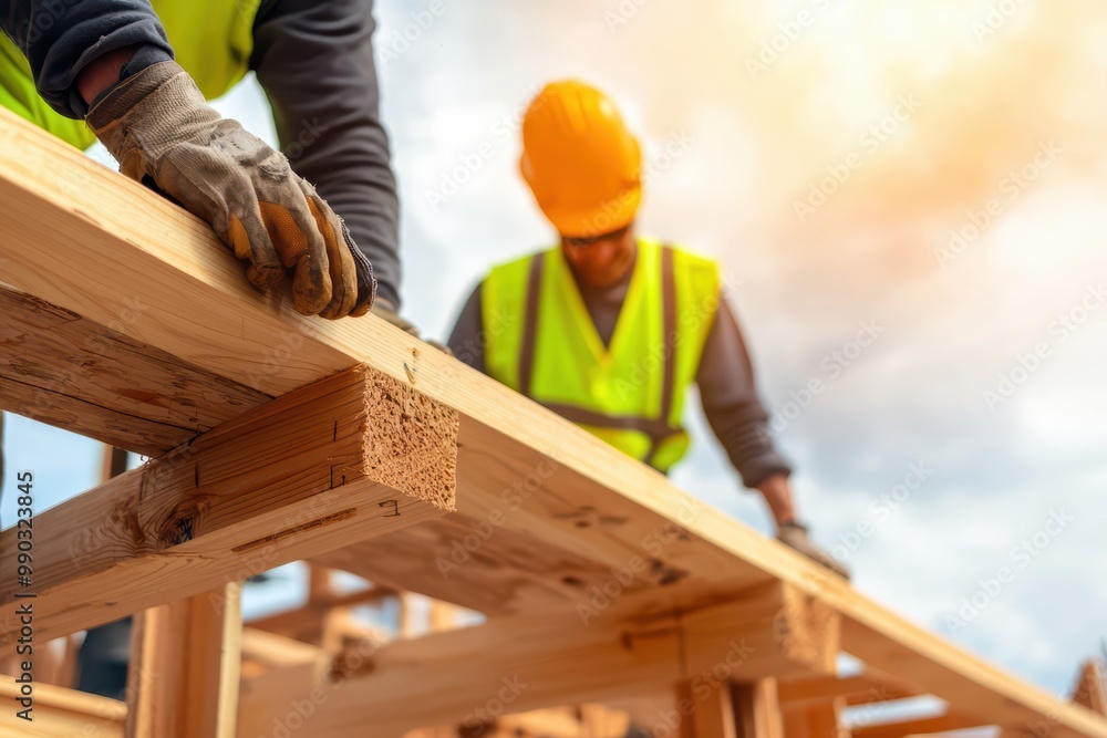 Construction workers assembling wooden beams on a building site during daylight. Construction workers assembling wooden beams on a building site during daylight.