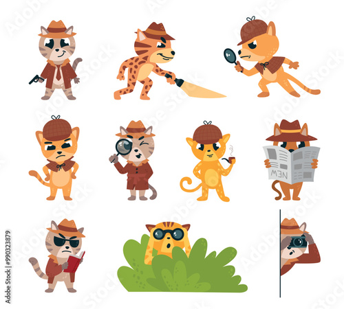 Funny cat detectives. Suspicious cat watches from bushes, investigation crime. Kitten with binoculars and magnifying glass searching, classy vector characters