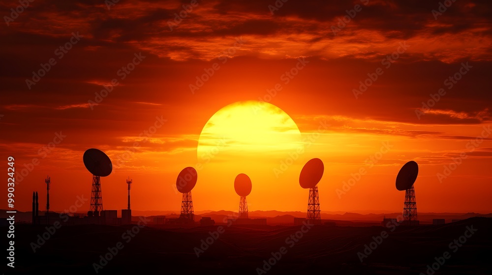 Fototapeta premium Desert military outpost with futuristic architecture, advanced radar domes, automated vehicles, and high-tech runways, surrounded by barren landscapes