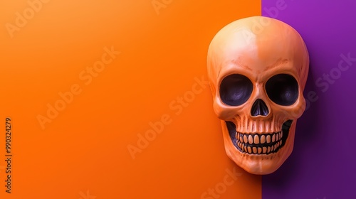 Decorative skull on vibrant orange and purple background, perfect for Halloween themes.