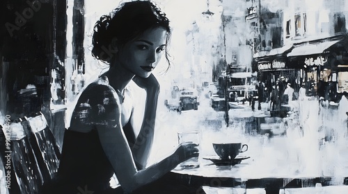 Fototapeta Naklejka Na Ścianę i Meble -  A Woman Sipping Coffee in a Parisian Cafe, Abstract Painting