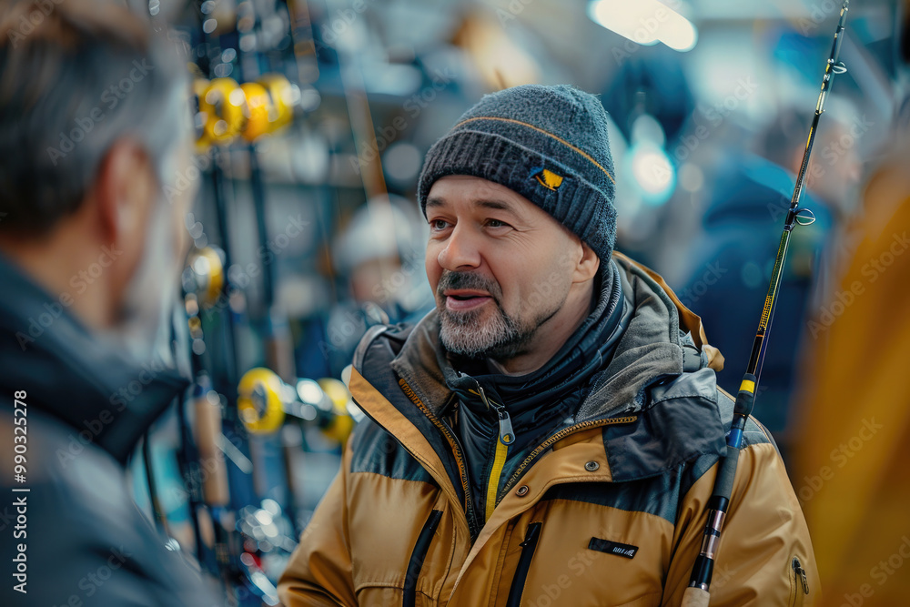 ? man consults with a sales associate while browsing fishing rods at a tackle shop ? man consults with a sales associate while browsing fishing rods at a tackle shop
