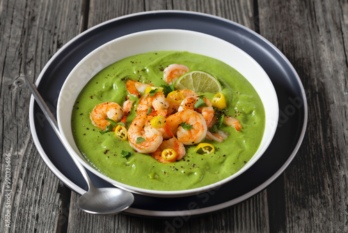 Shrimps in Culichi Salsa or Poblano sauce in bowl