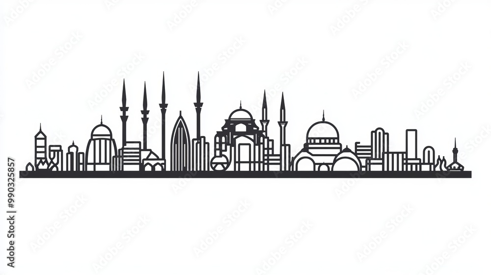 A simple black outline of the Ankara skyline with icons, perfect for a design project. A simple black outline of the Ankara skyline with icons, perfect for a design project.