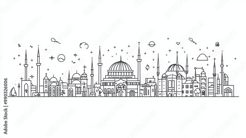 A simple black outline of the Ankara skyline with icons, perfect for a design project. A simple black outline of the Ankara skyline with icons, perfect for a design project.