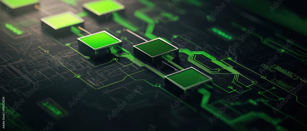 Futuristic circuit board with glowing green modules on a dark background, showcasing advanced technology elements.