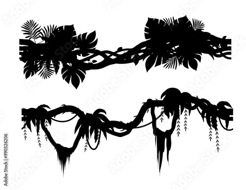Tropical jungle forest seamless liana branch silhouettes of ivy creeper plant vine, cartoon vector. Tropical rainforest liana and jungle bindweed tree with climbing leaves silhouette for border frame