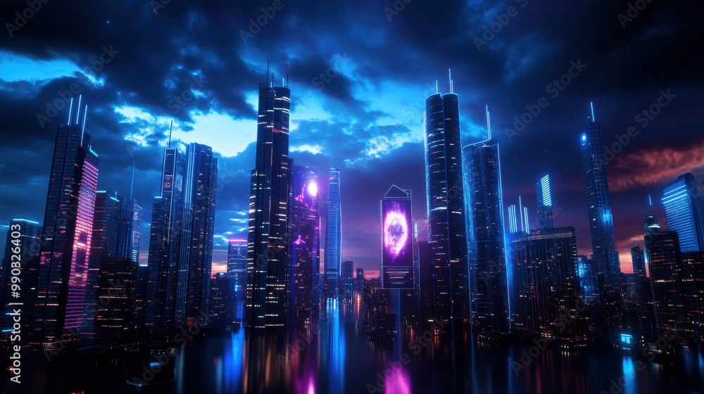 Obraz premium Futuristic Cityscape with Neon Lights at Dusk