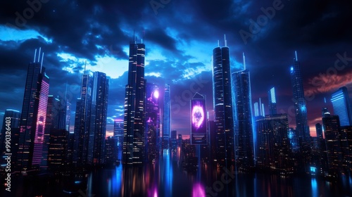 Wallpaper Mural Futuristic Cityscape with Neon Lights at Dusk Torontodigital.ca