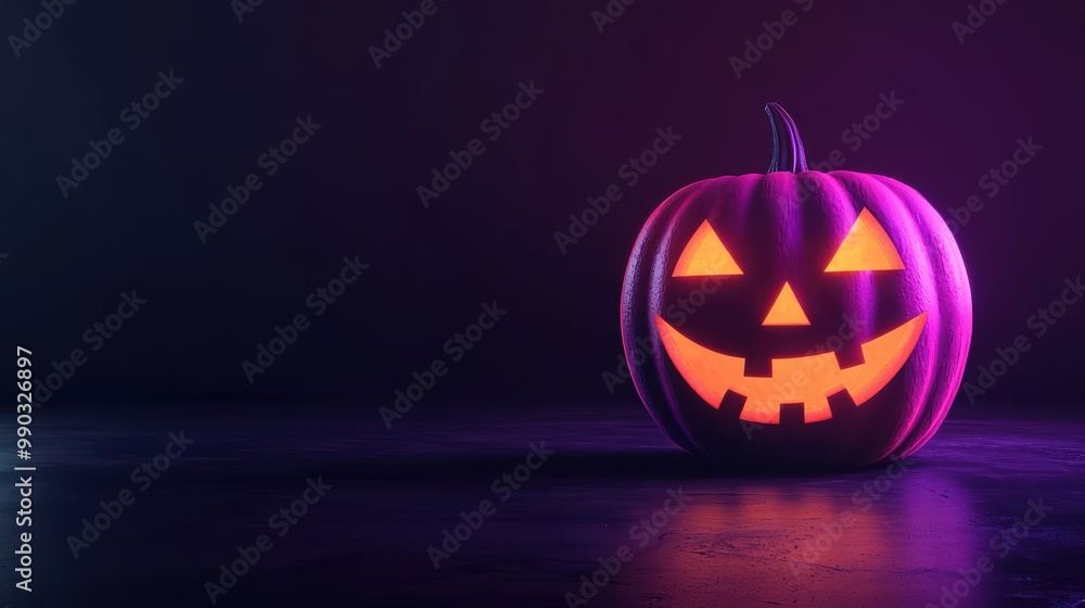 Glowing Halloween pumpkin with a cheerful face against a dark backdrop. Glowing Halloween pumpkin with a cheerful face against a dark backdrop.