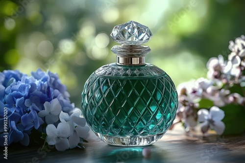 A glass bottle of perfume with a green liquid sits on a wooden surface with blue and white flowers around it.