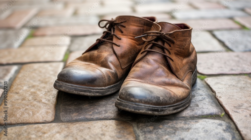 A well-worn pair of brown leather shoes rests on a cobblestone street, suggesting tales of numerous journeys and a rustic, vintage aesthetic. A well-worn pair of brown leather shoes rests on a cobblestone street, suggesting tales of numerous journeys and a rustic, vintage aesthetic.