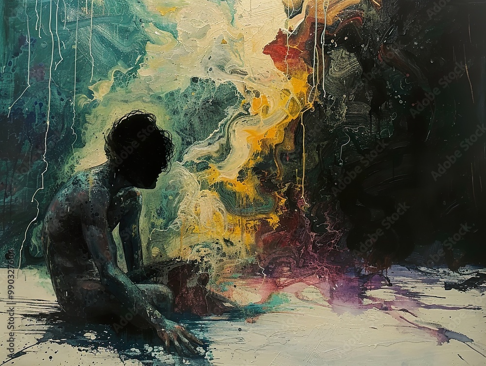 Obraz premium Abstract Figure in a Dreamlike Setting: An Exploration of Emotion