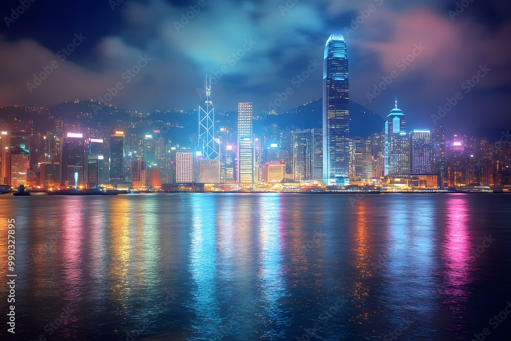 Nighttime View of Hong Kong's Vibrant Skyline and Water Reflections Nighttime View of Hong Kong's Vibrant Skyline and Water Reflections