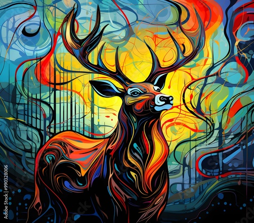 an abstract drawing of a away view for deer with colorful line with mixed pattern colorful background