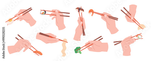 Eating with chopsticks. Hands holding chopstick, asian style utensils and eat food, sushi dumplings noodles vegetables. Chinese japanese racy vector set