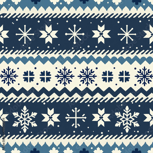 Seamless Scandinavian pattern with snowflakes and simple geometric shapes, perfect for winter designs photo