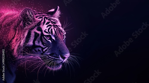 Majestic tiger portrait with vibrant purple and pink hues on a dark background. photo