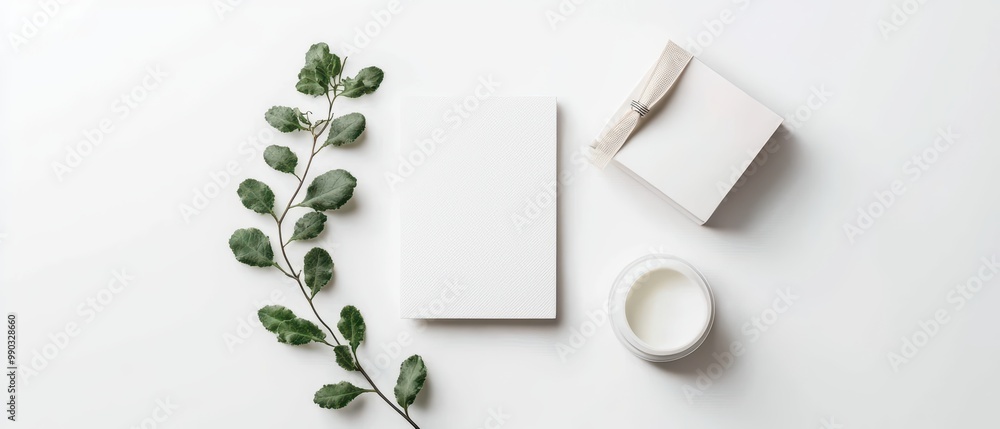 Minimalist flat lay of blank notebook, candle, and decorative leaves on white background. Minimalist flat lay of blank notebook, candle, and decorative leaves on white background.