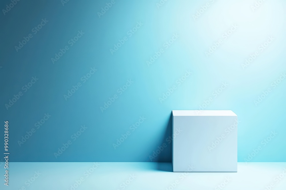 Minimalist white cube against a soft blue background, ideal for design and creativity. Minimalist white cube against a soft blue background, ideal for design and creativity.