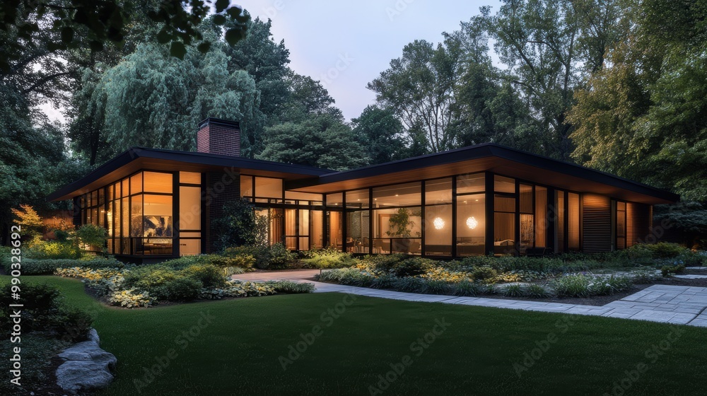 A modern house integrates with nature, featuring large glass windows and a beautifully landscaped garden, creating an inviting and serene ambiance. A modern house integrates with nature, featuring large glass windows and a beautifully landscaped garden, creating an inviting and serene ambiance.