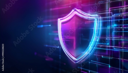 A digital shield icon glowing in vibrant colors, symbolizing security and protection in a high-tech environment.