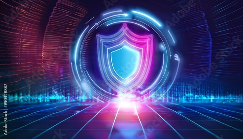 A vibrant, futuristic digital landscape featuring a shield emblem, symbolizing protection and security in a neon, tech-inspired environment. photo