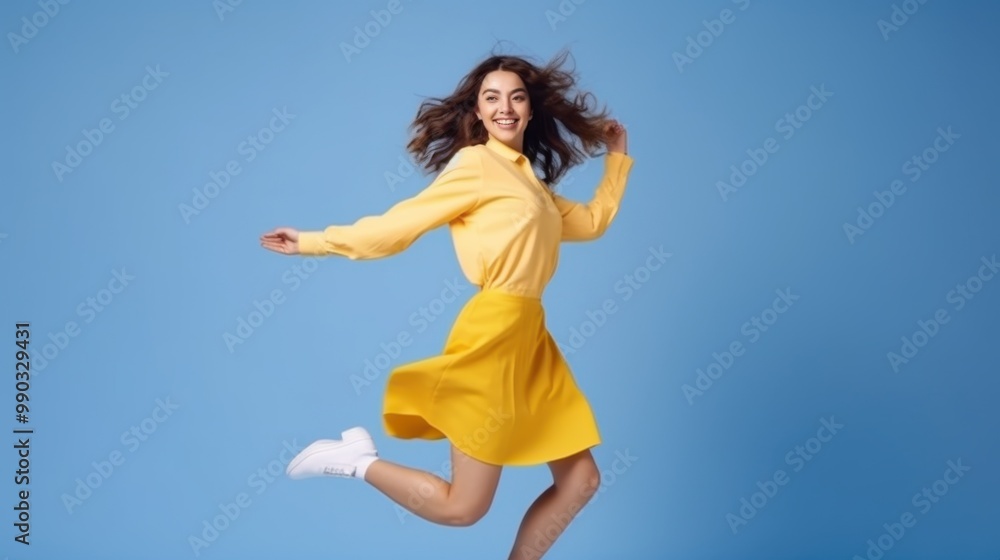 A young woman in a yellow dress joyfully leaps into the air against a blue backdrop, capturing a moment of exuberance and freedom. A young woman in a yellow dress joyfully leaps into the air against a blue backdrop, capturing a moment of exuberance and freedom.
