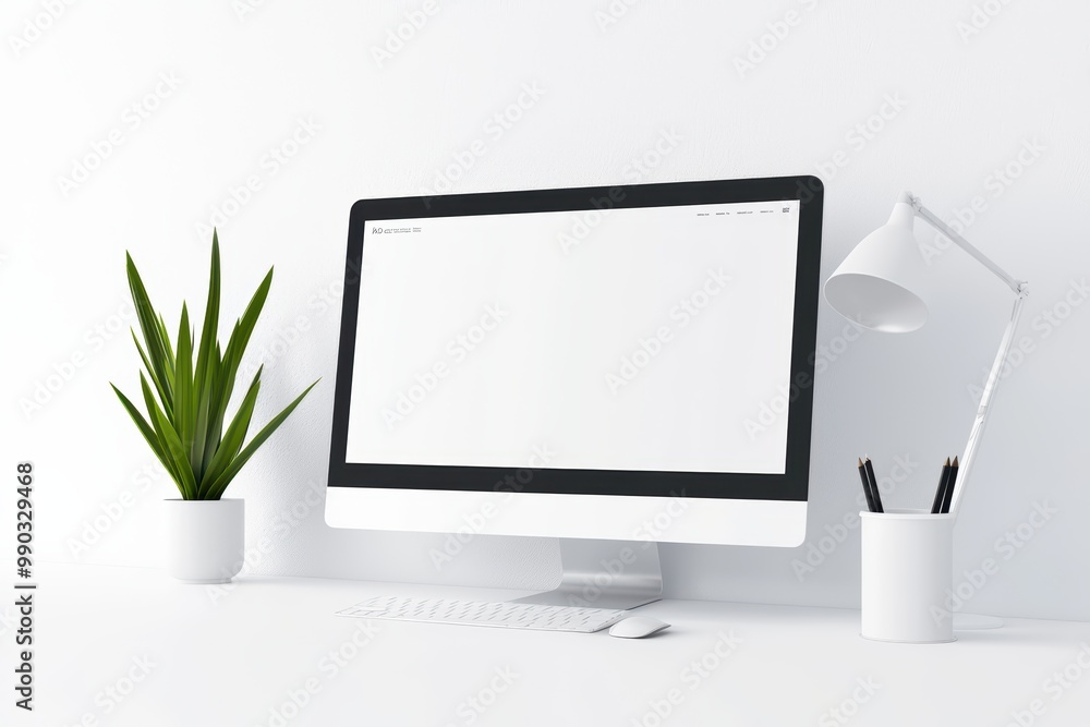 Modern workspace with computer, plant, and lamp on a clean white background. Modern workspace with computer, plant, and lamp on a clean white background.